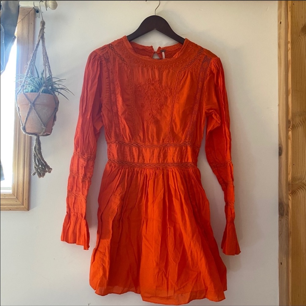 Free People OrangeEmbroidered beautiful Dress Sz8 - Picture 2 of 6